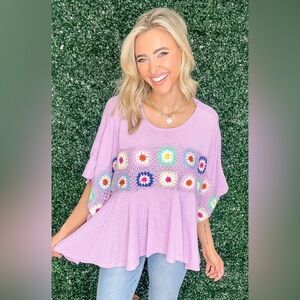 Savannah Jane BoHo Beachy Granny Square Crocheted Poncho Cap Blouse Top M/L NWT